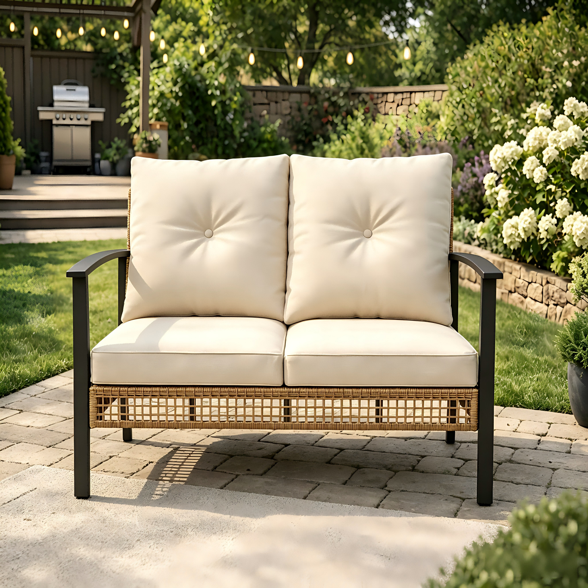 Deersky 2-Seat Outdoor Patio Loveseat, All-Weather PE Rattan Wicker Chair with Soft Cushions for Porch, Balcony, Garden